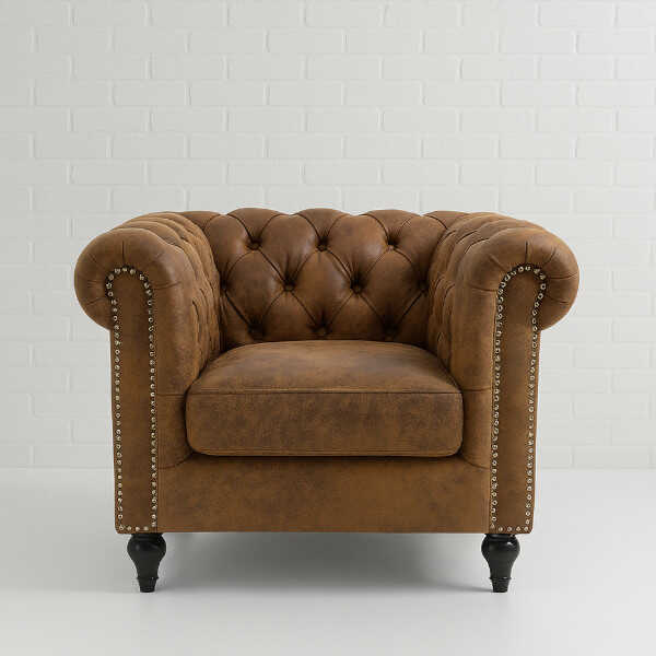 brown suede chesterfield armchair hire ff